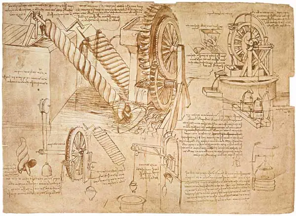 Leonardo da Vinci, facsimile of Codex Atlanticus f.386r Archimedes Screws and Water Wheels