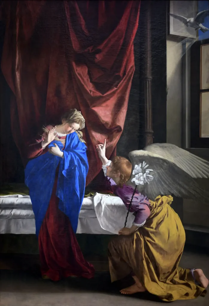 Fulcro della rassegna è la grande pala con l’Annunciazione realizzata da Orazio Gentileschi nel 1623 per il duca di Savoia e ritenuta da tutta la critica uno dei vertici assoluti della produzione del maestro toscano